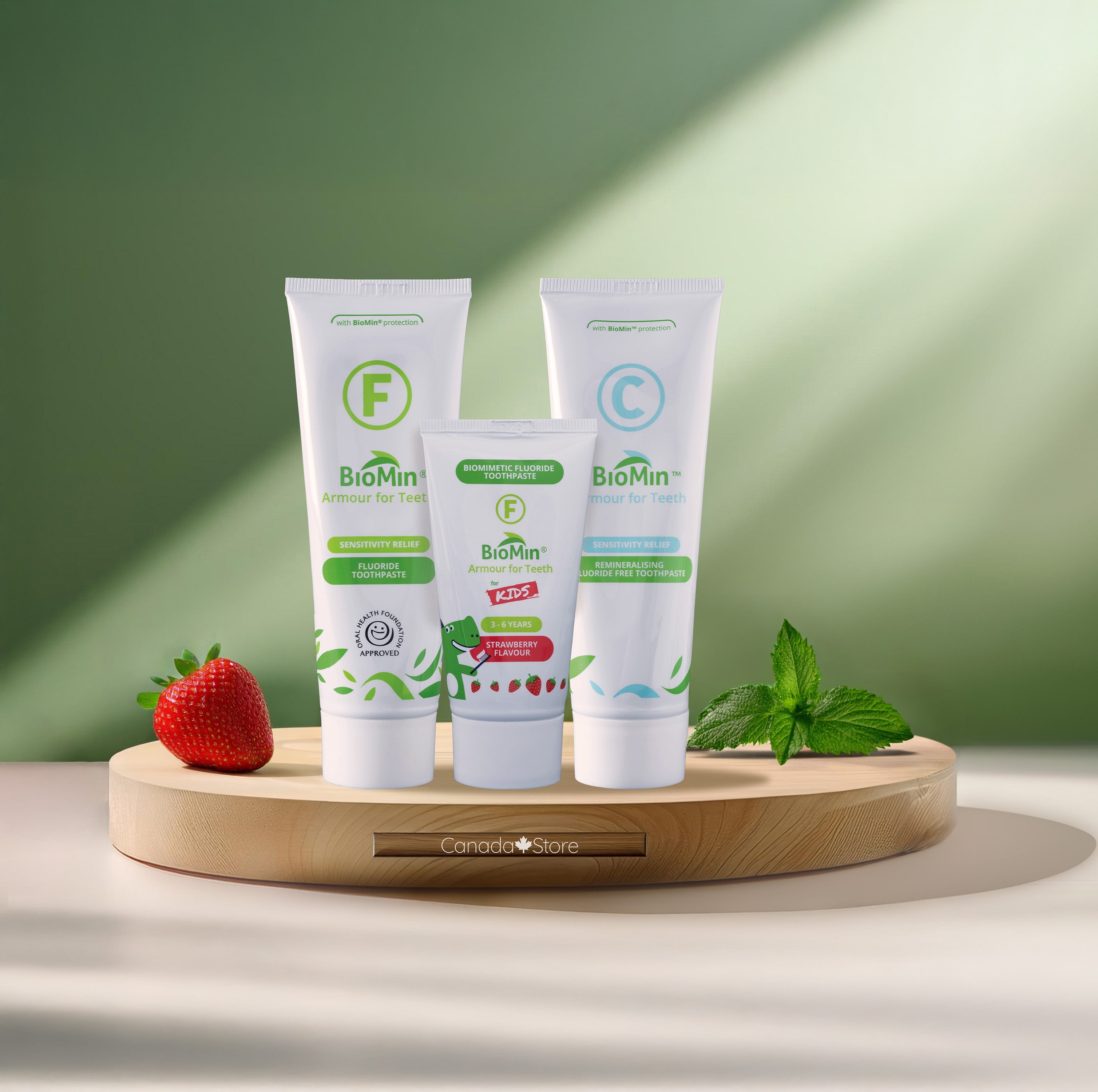 BioMin Family toothpaste on wooden stand for Canada store