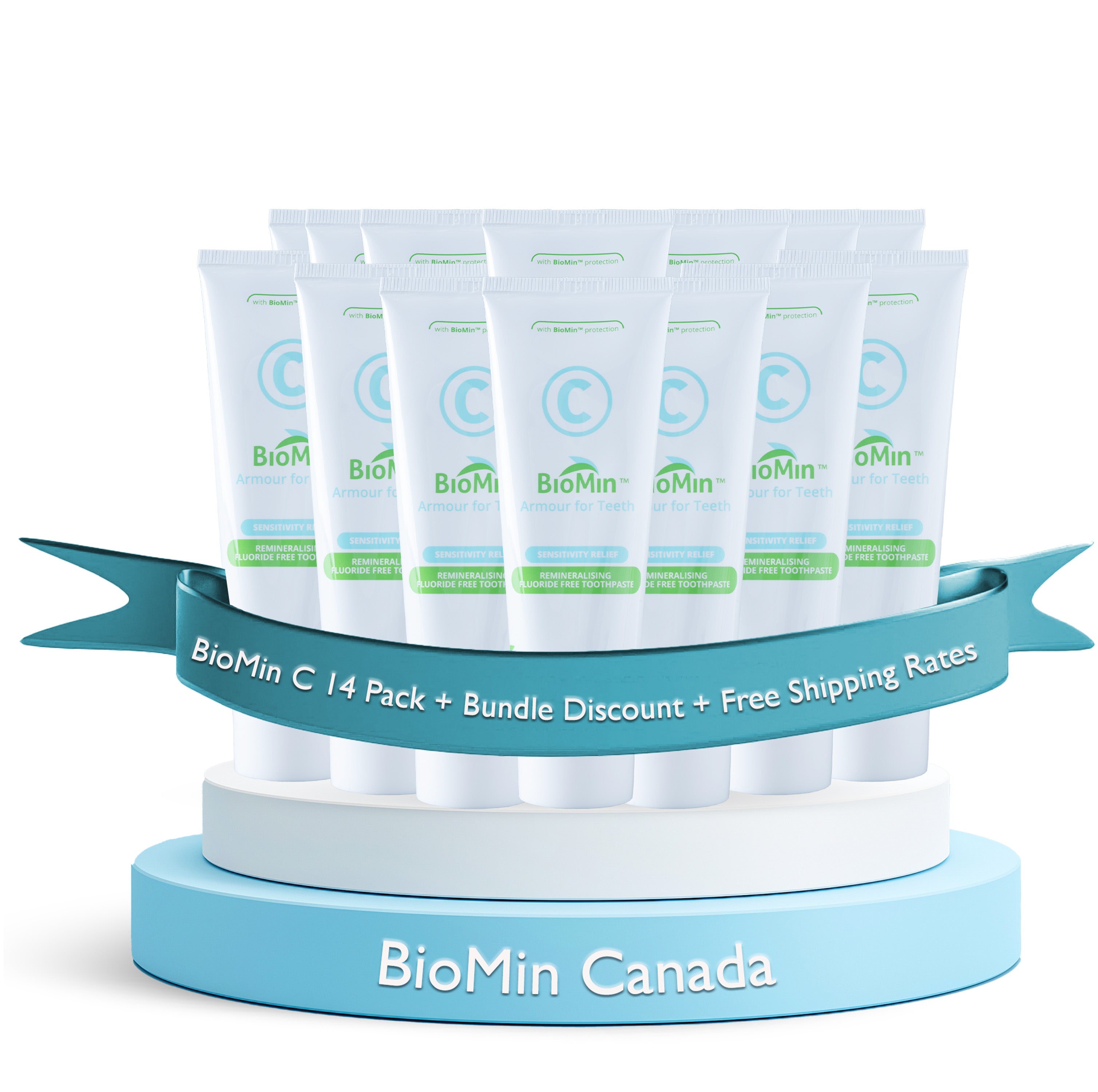 BioMin C product packaging on a display stand with promotional text.