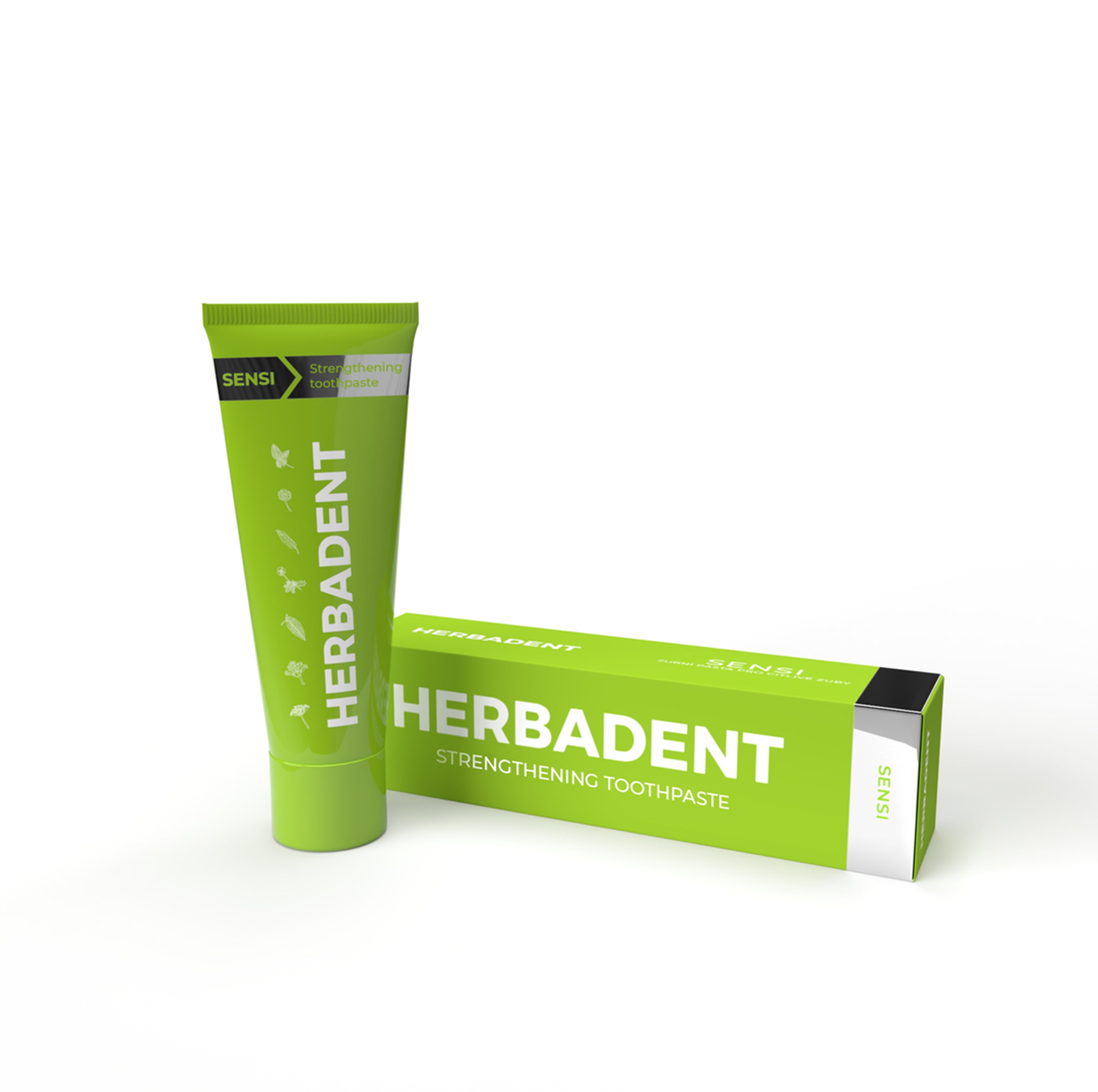 Herbadent strengthening toothpaste tube and packaging on a white background