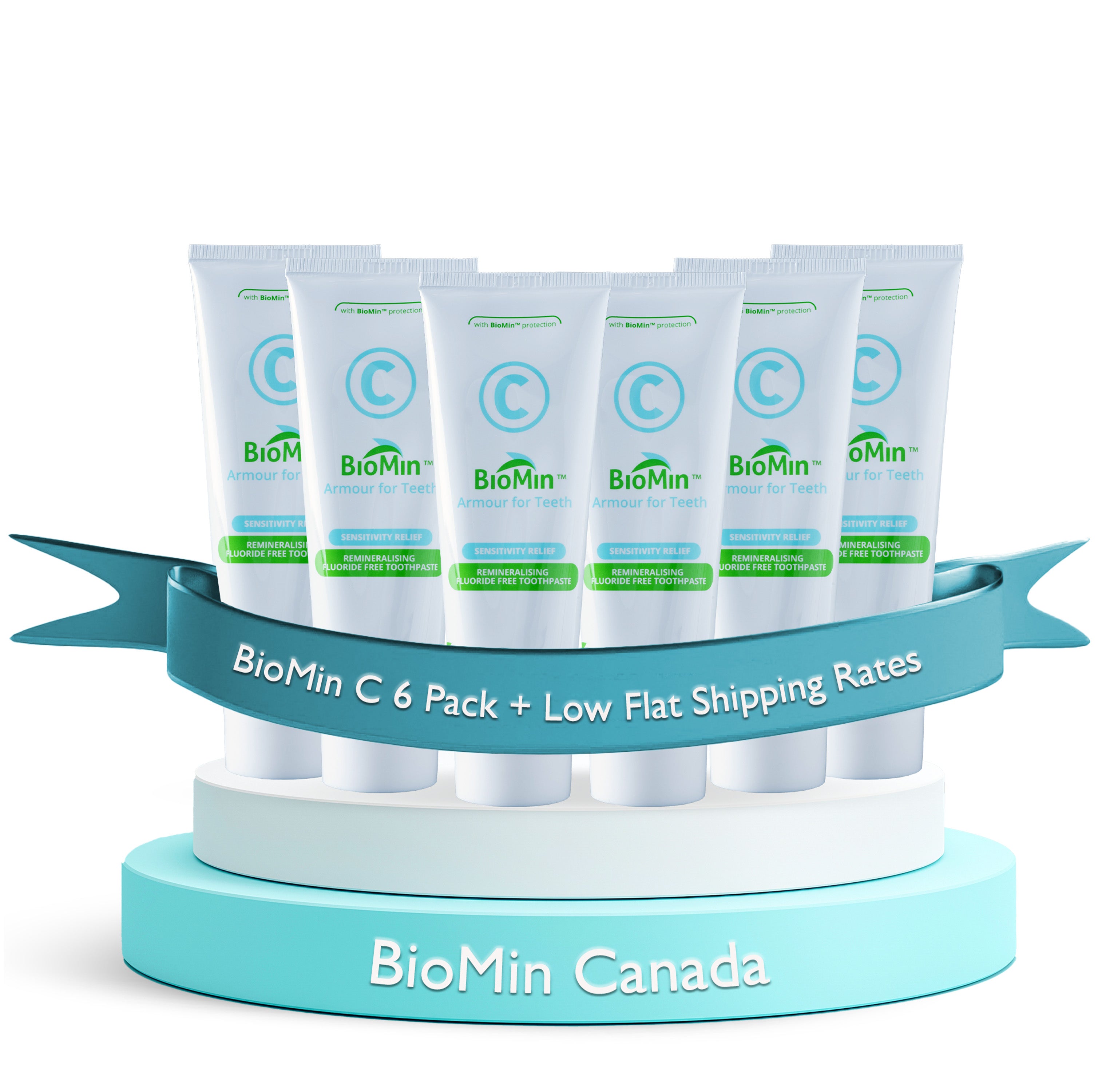 BioMin C toothpaste tubes displayed on a stand with promotional text on a white background