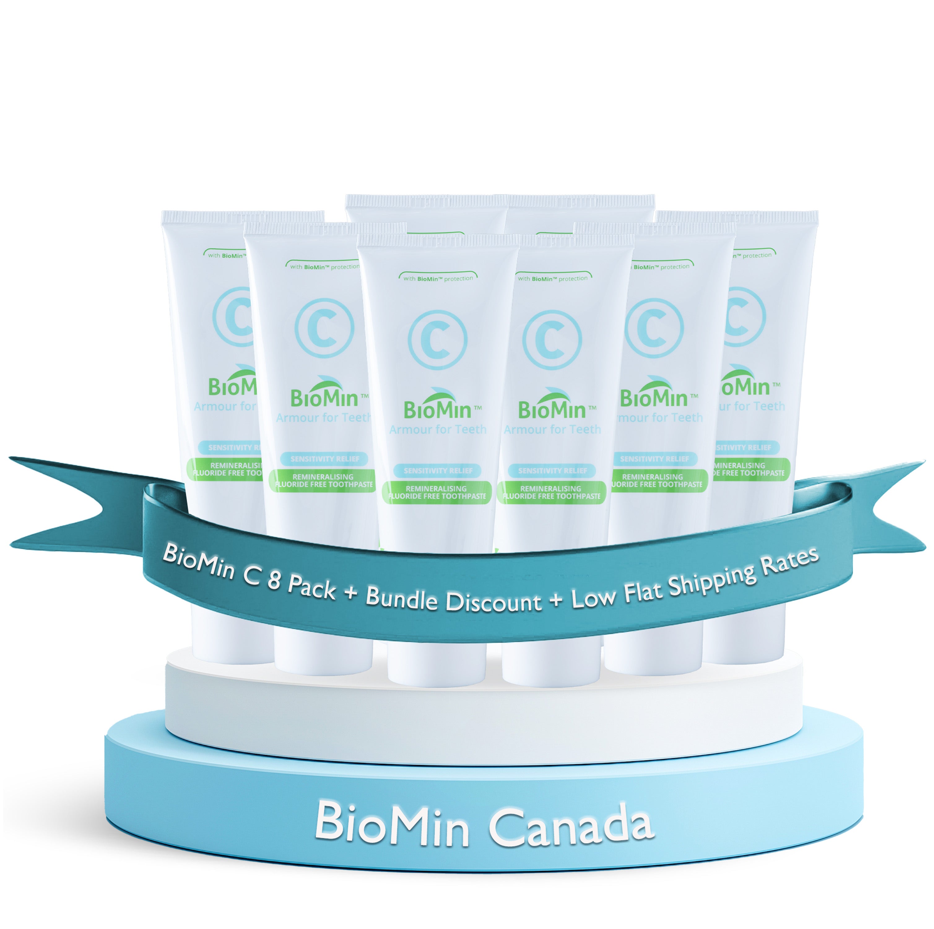 Display of BioMin C toothpaste tubes with a promotional banner on a white background