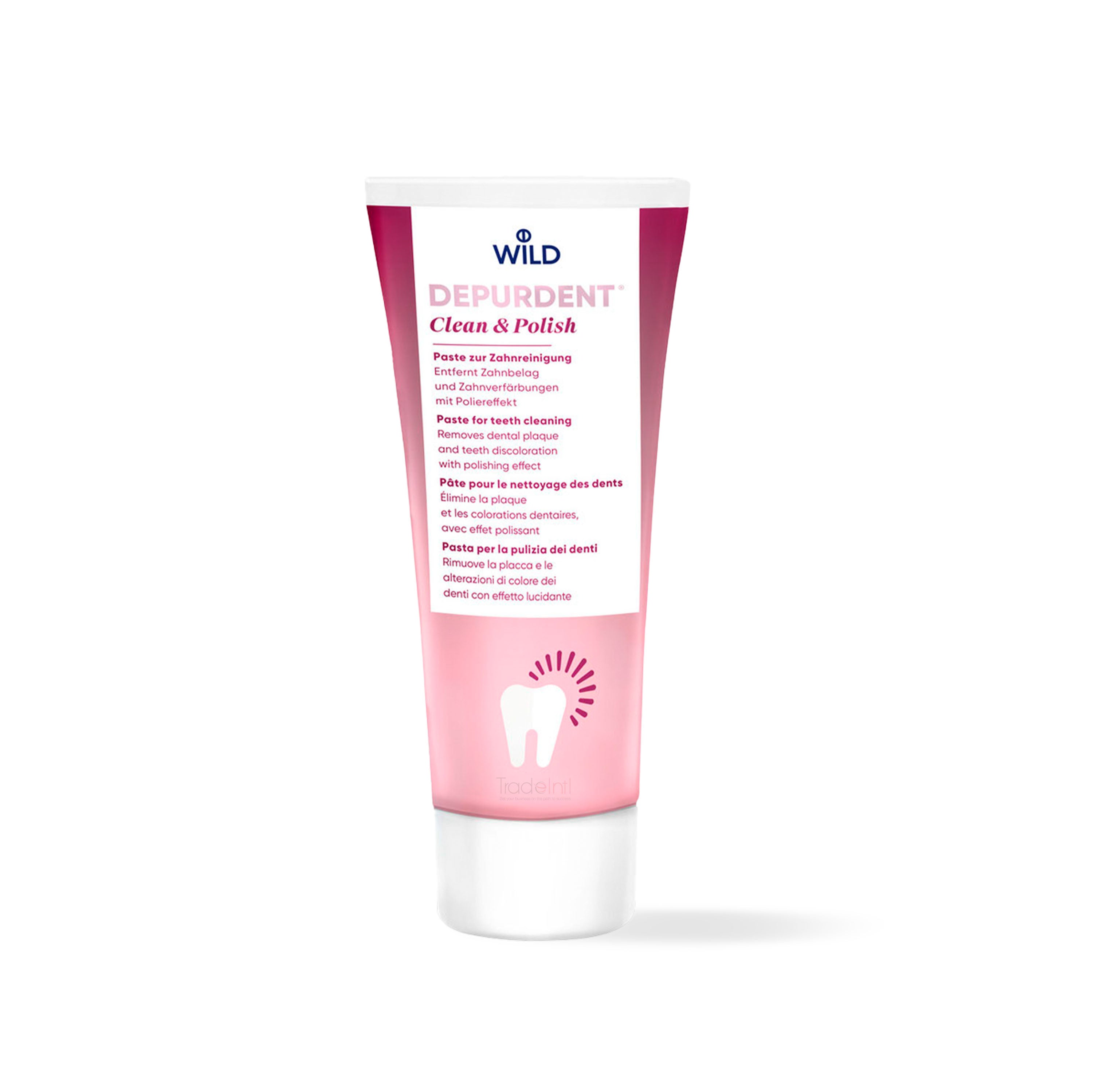 Pink and white tube of Wild Depurdent Clean & Polish on a white background