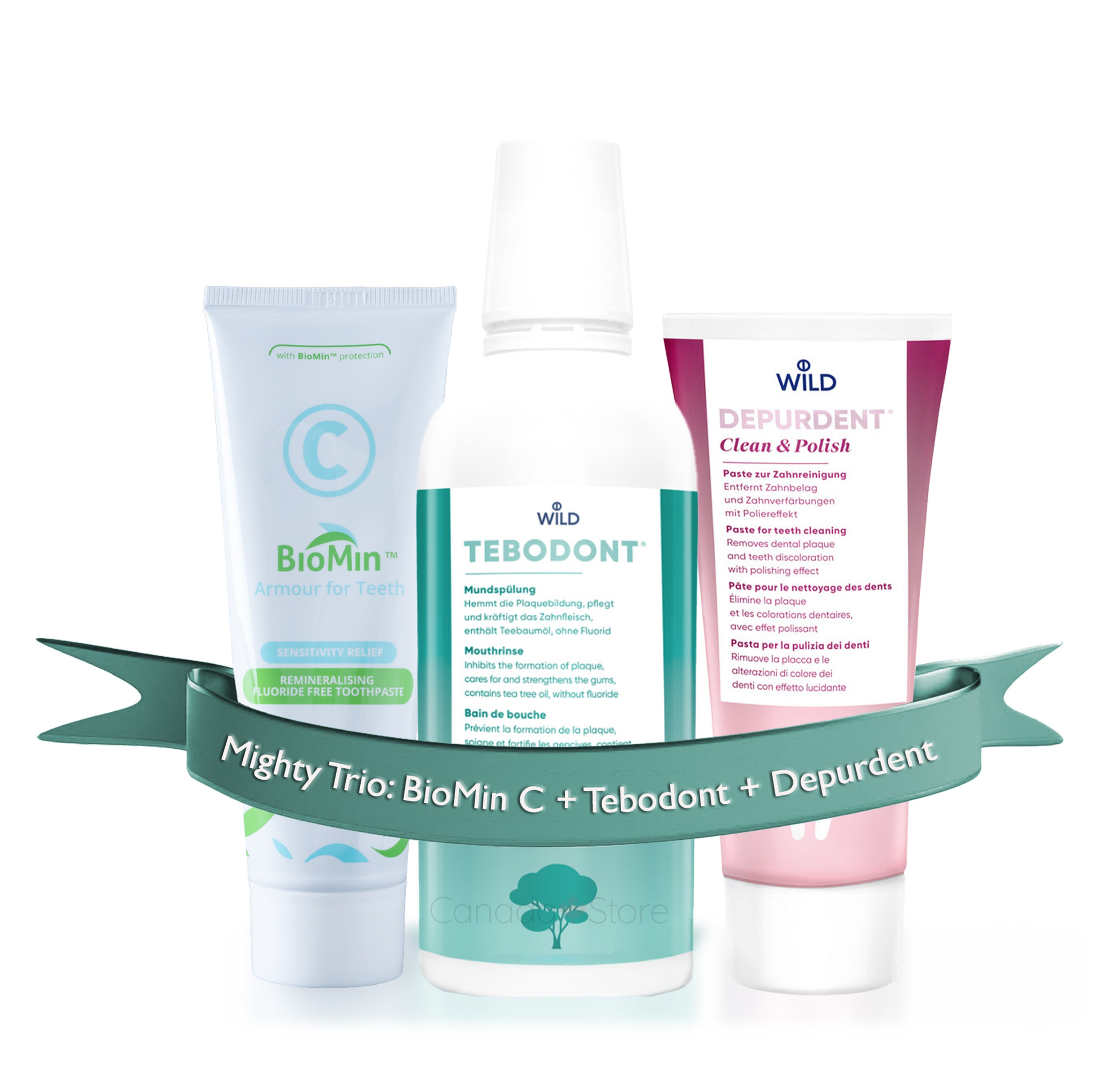 Three products BioMin C toothpaste, Tebodont mouthwash and Depurdent toothpaste  with 'Canada Store' watermark.