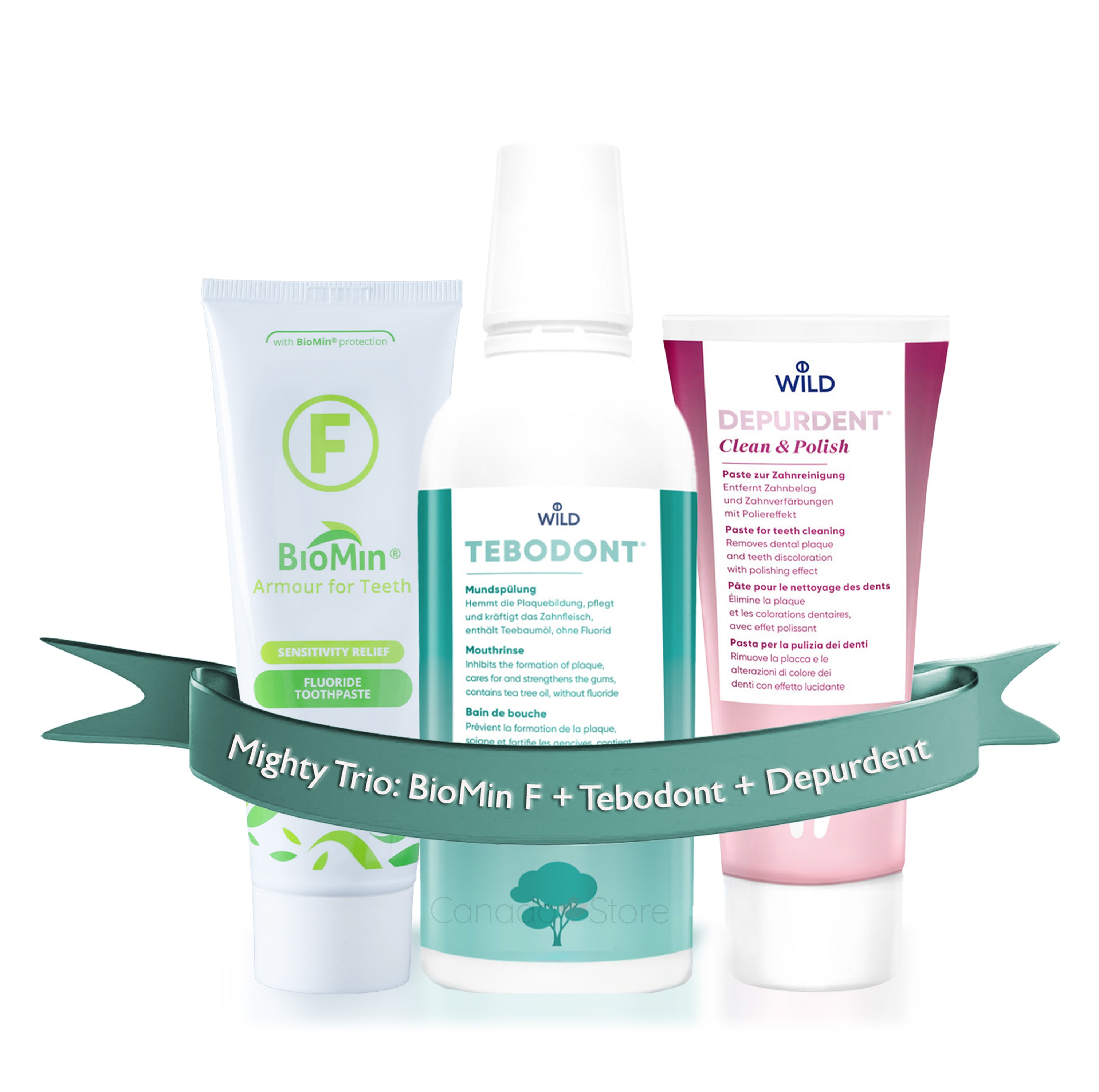 Three products BioMin F toothpaste, Tebodont mouthwash and Depurdent toothpaste  with 'Canada Store' watermark.