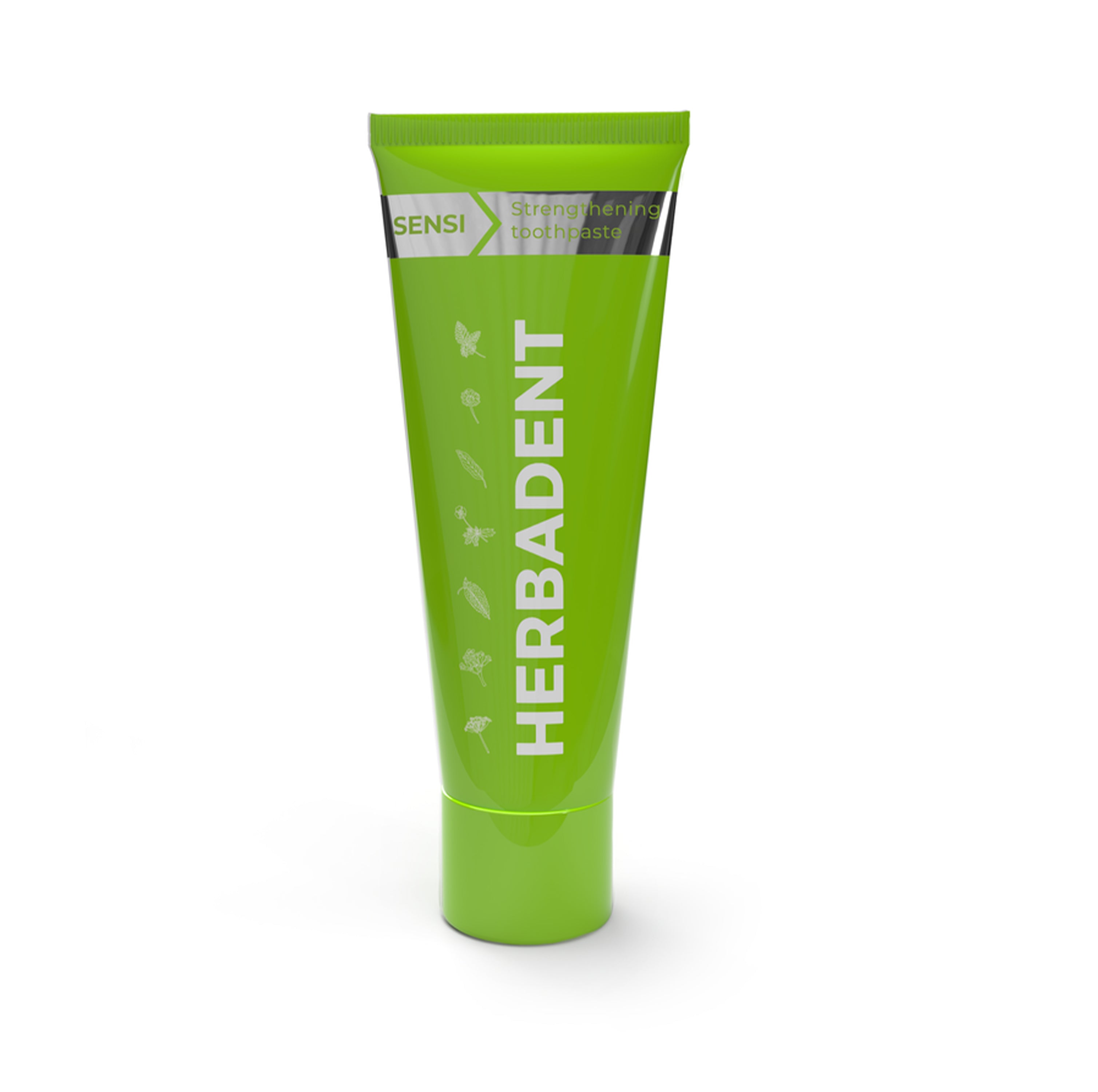 Green tube of HerbAdent toothpaste on a white background